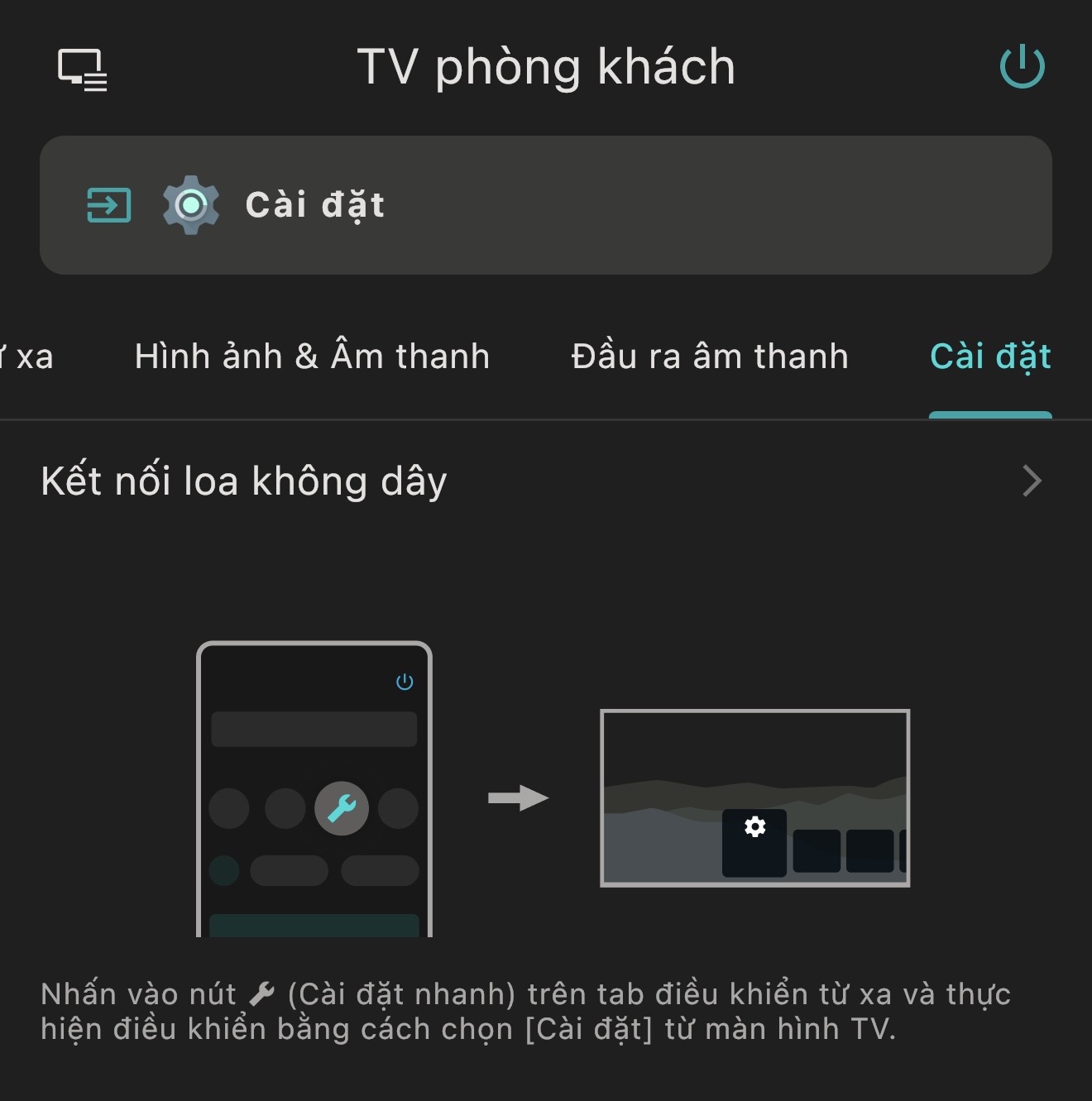Màn hình Cài đặt của TV với mục Kết nối loa không dây