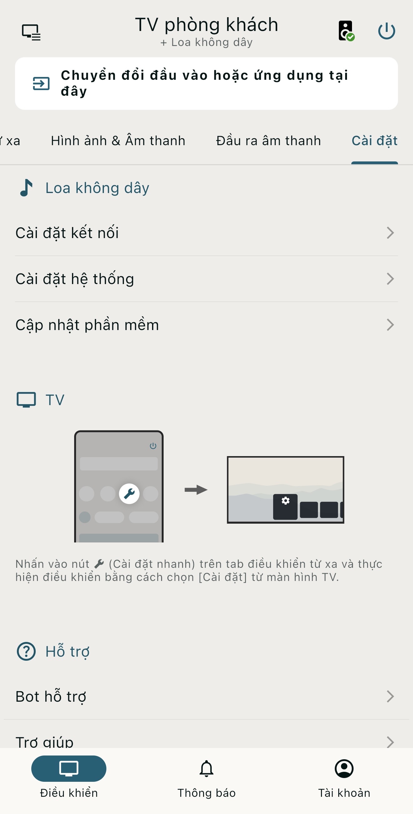Màn hình Cài đặt sau khi loa không dây đã kết nối