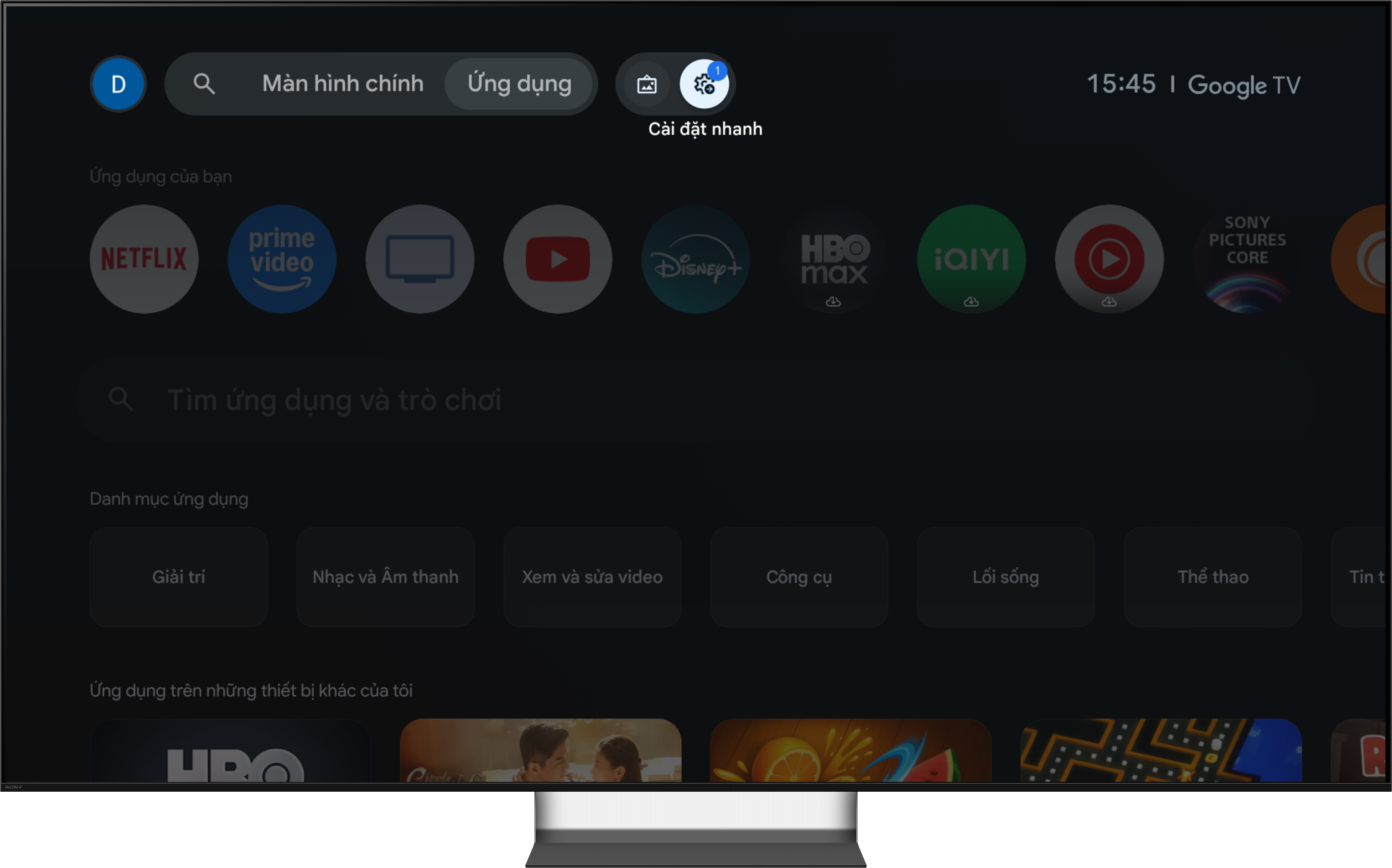 Mở Cài đặt nhanh trên màn hình chính BRAVIA
