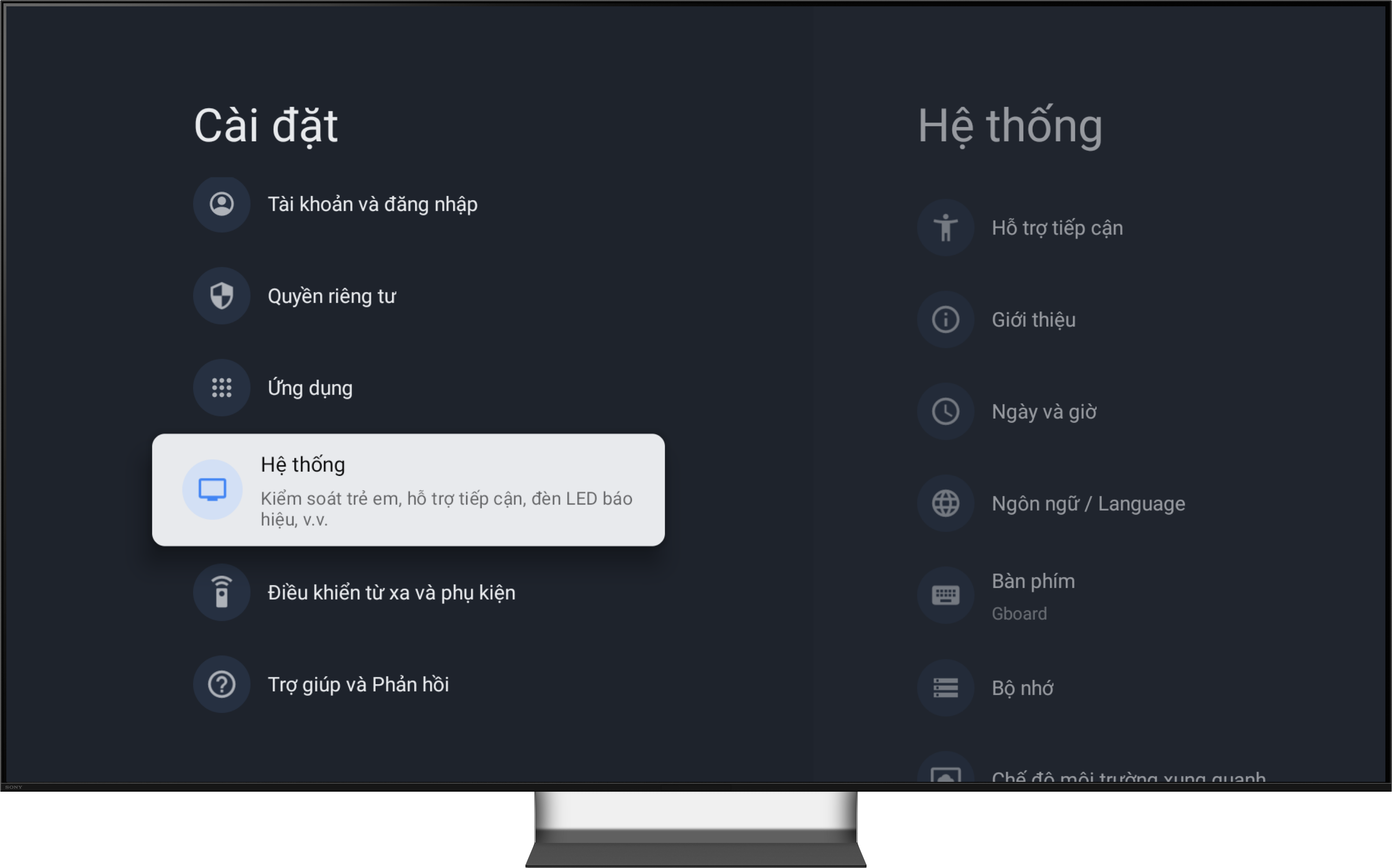 Mở mục Hệ thống trong Cài đặt BRAVIA
