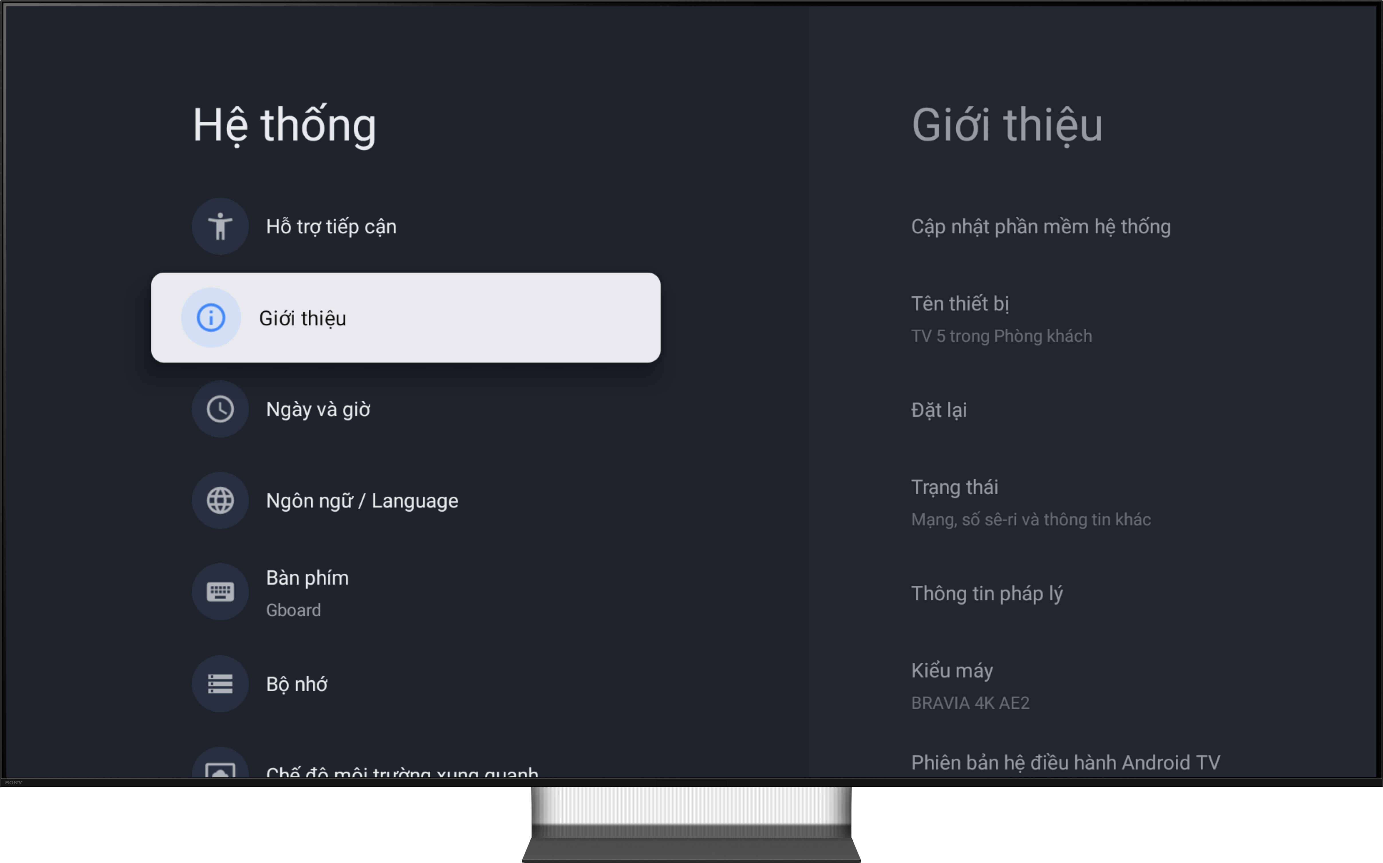 Mở mục Giới thiệu trong phần Hệ thống BRAVIA