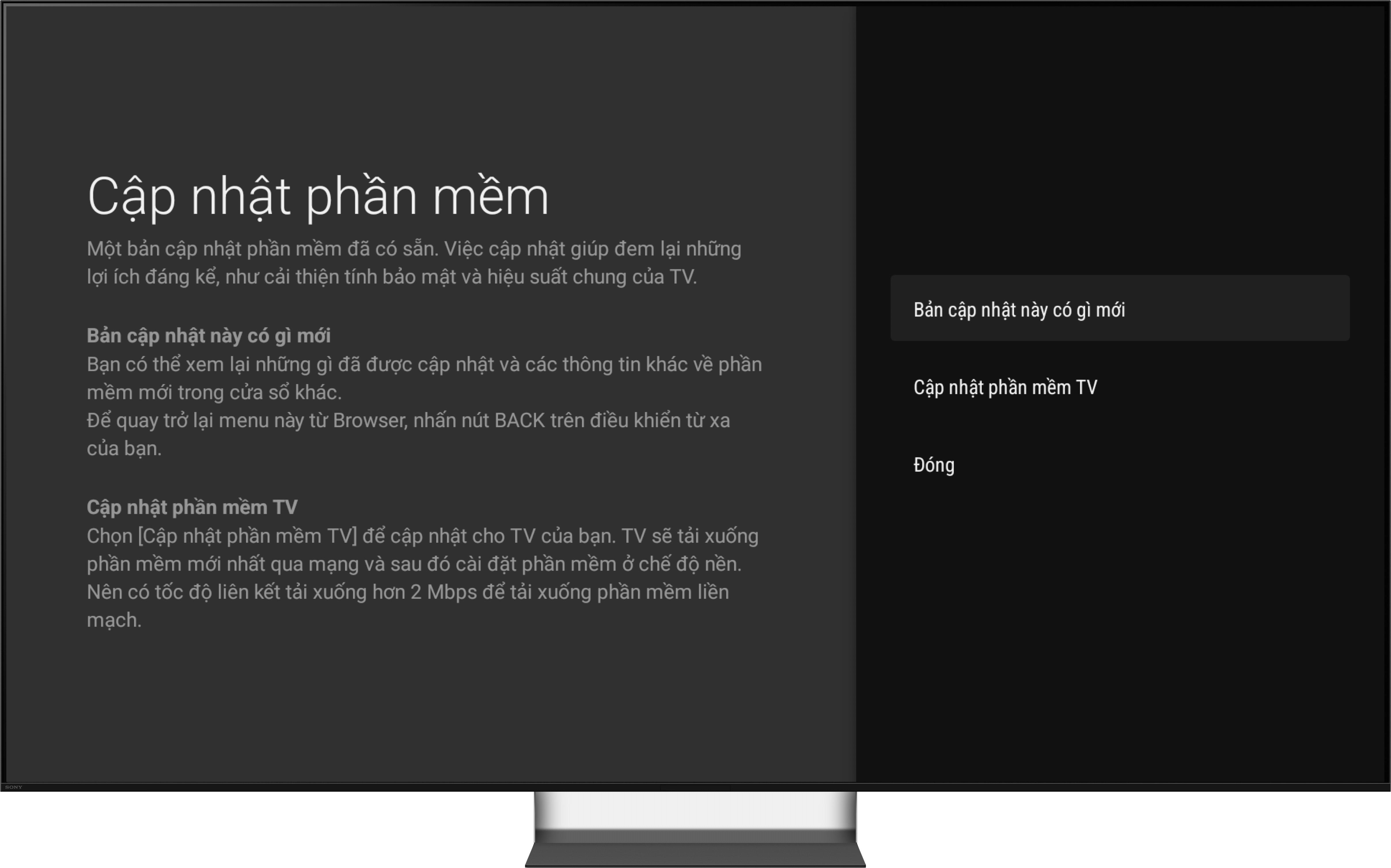 Màn hình thông tin bản cập nhật phần mềm BRAVIA
