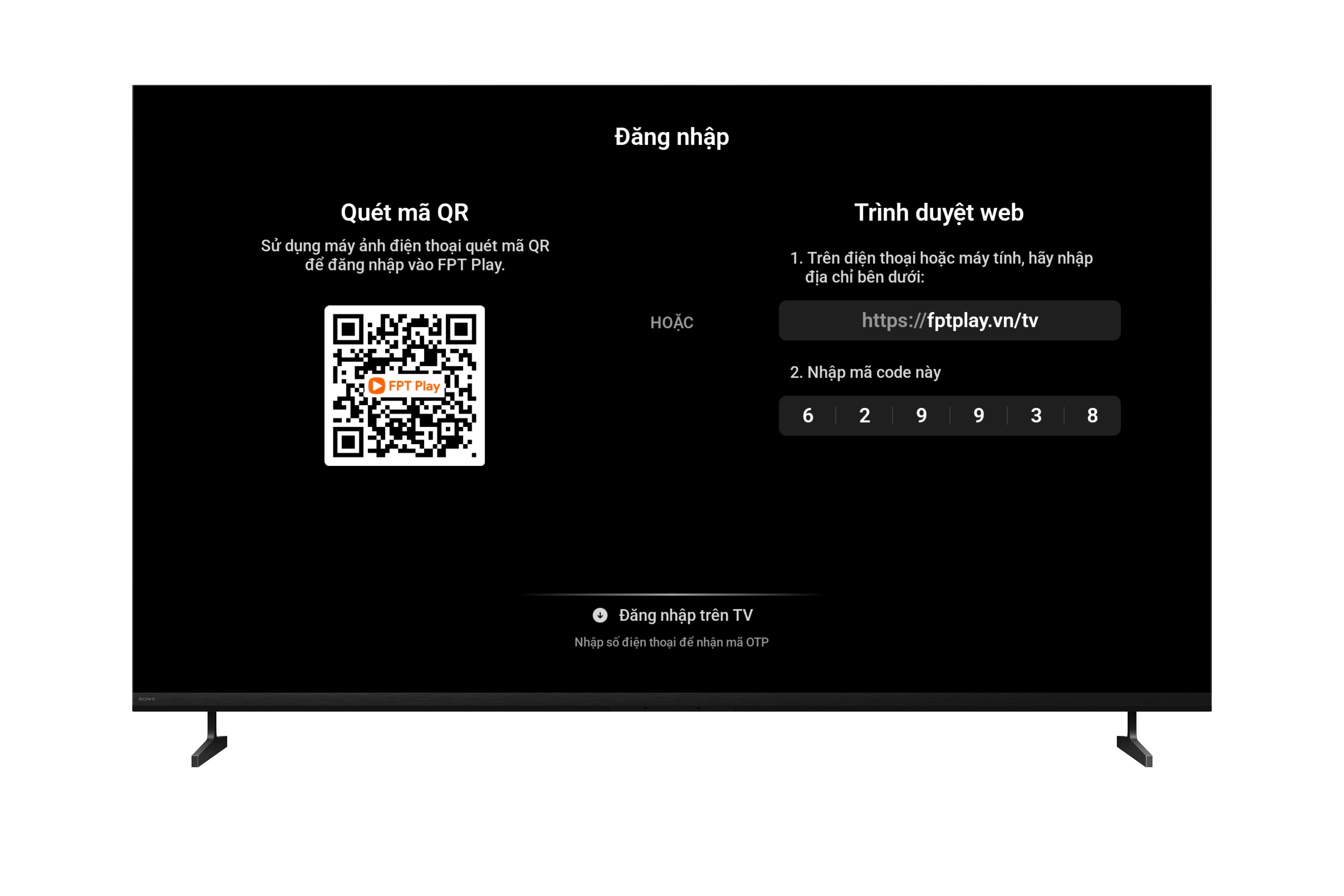 Màn hình đăng nhập FPT Play bằng mã QR hoặc mã hiển thị trên TV