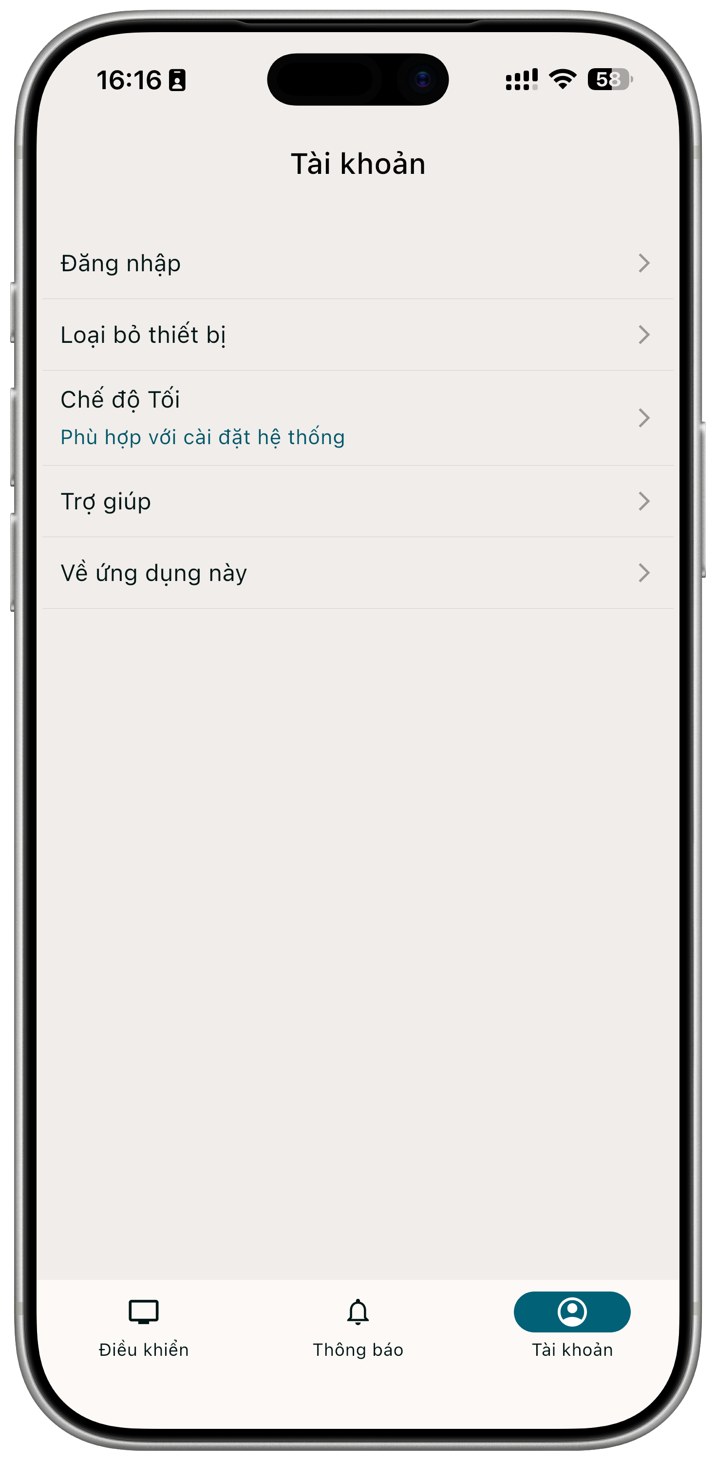 Màn hình Tài khoản trong ứng dụng BRAVIA Connect với mục Đăng nhập
