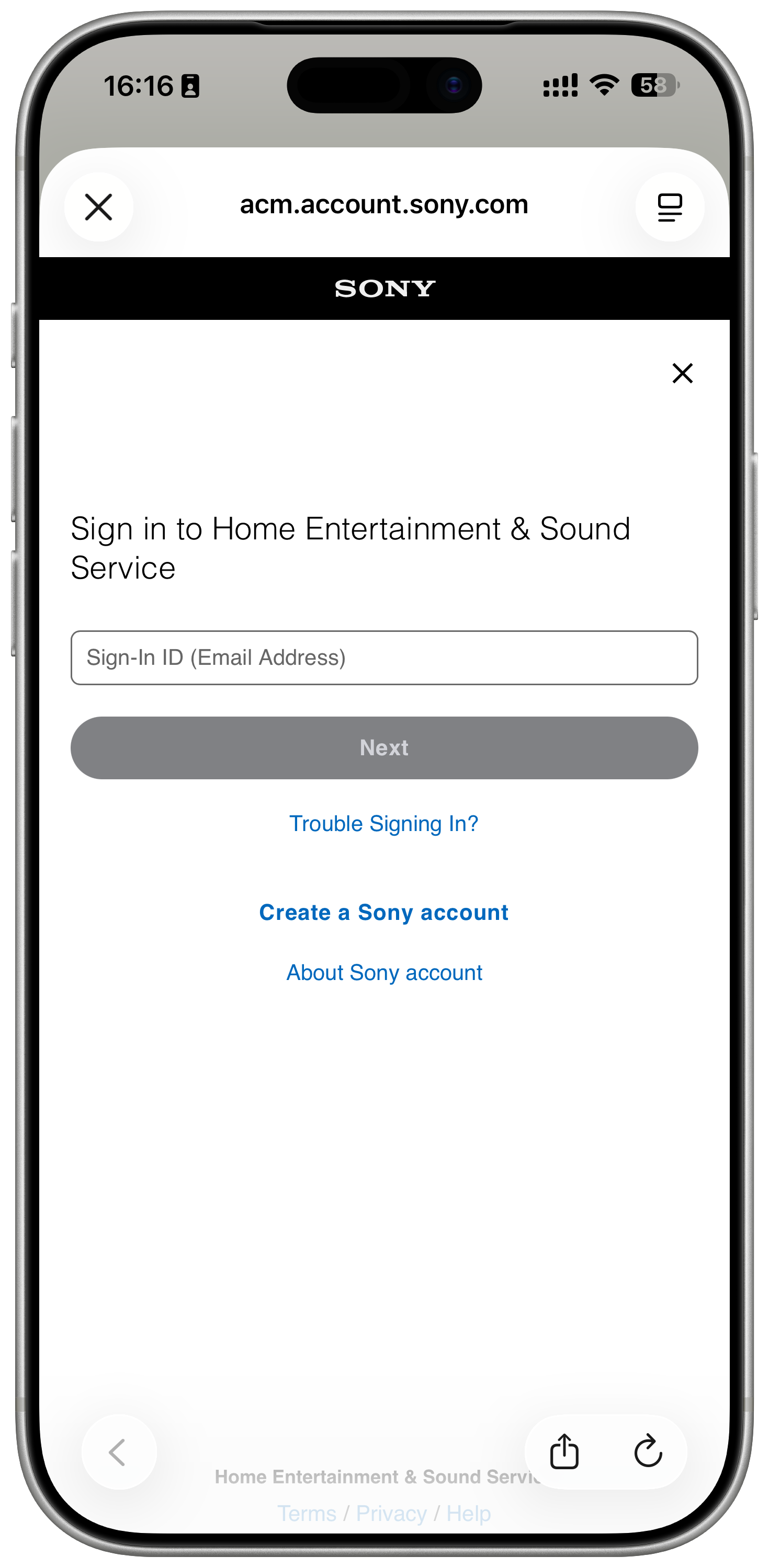 Màn hình đăng nhập Sony account trong BRAVIA Connect
