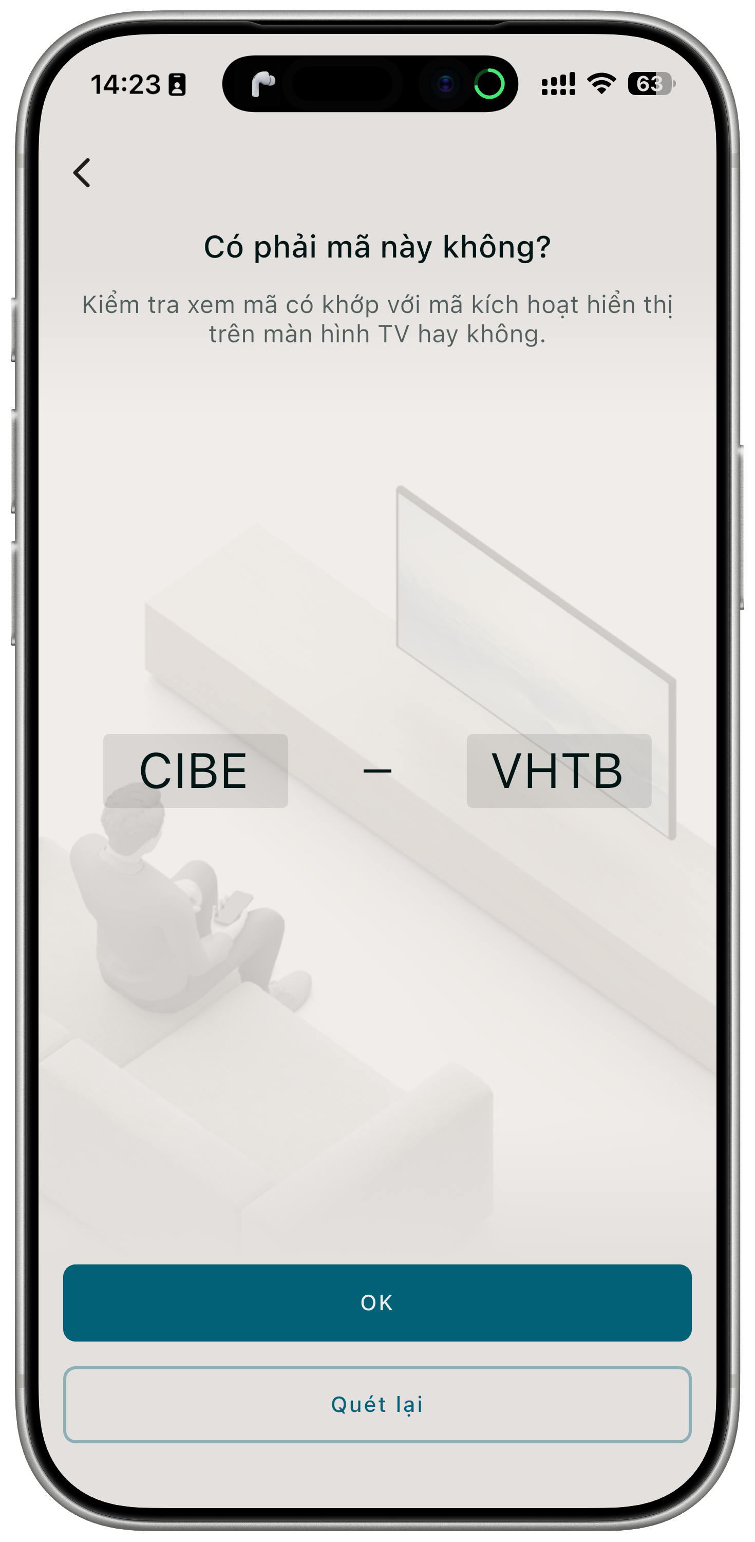 Màn hình xác nhận mã kết nối giữa điện thoại và TV