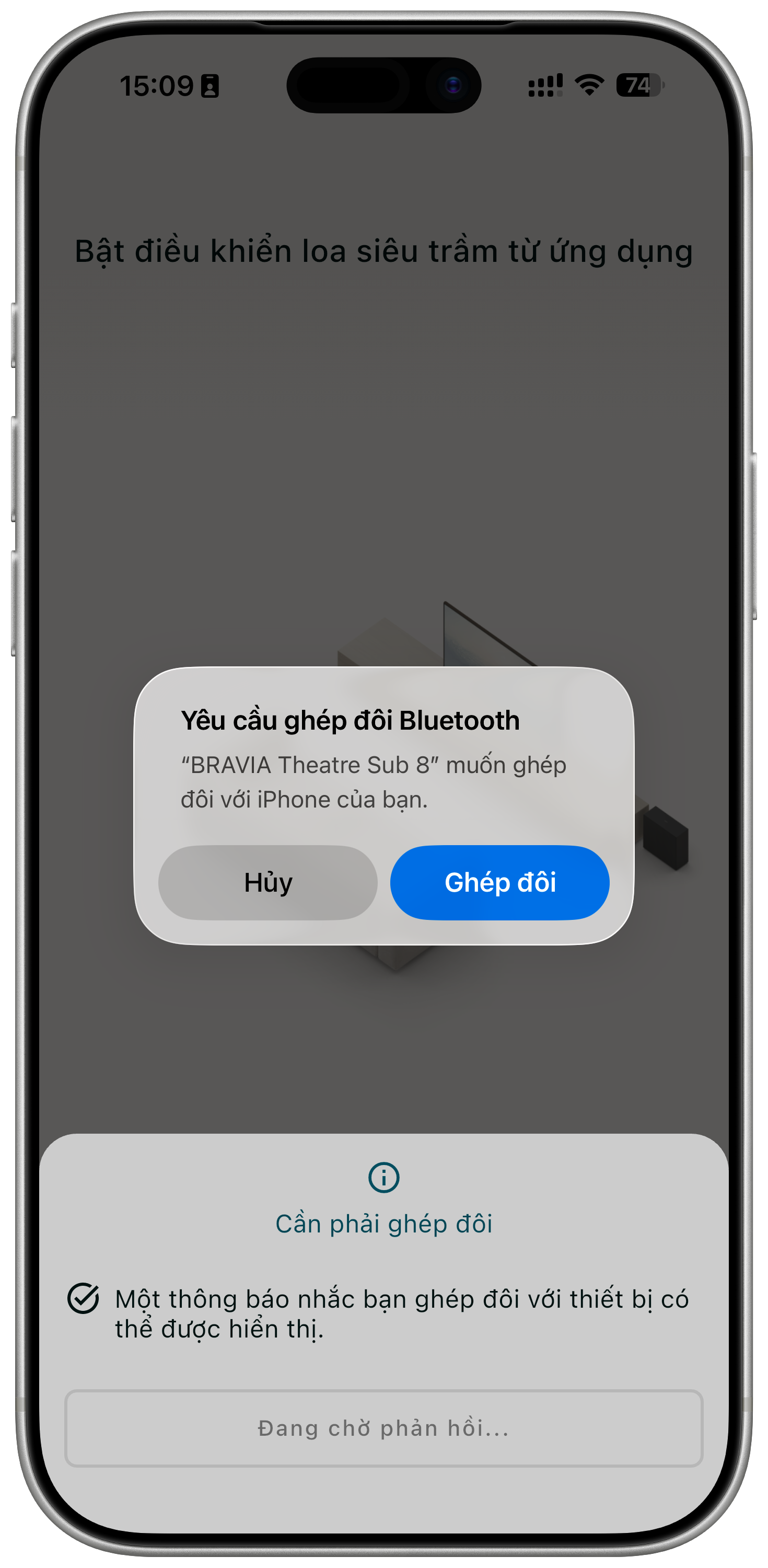 Hộp thoại yêu cầu ghép đôi Bluetooth với BRAVIA Theatre Sub 8 trên iPhone